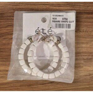NWT Ete Hoop Earrings Clay Square Shaped White Gold Tone Boho Hippie Festival 2"
